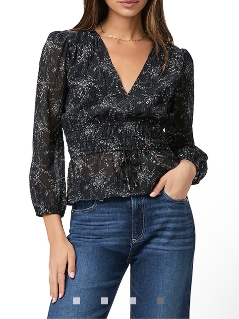 PAIGE Navy Silk Blend Osaka Top women’s shirt size small black floral